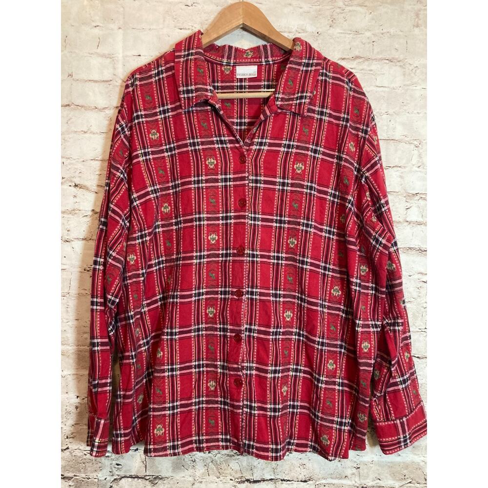 Vintage Fashion Bug Top Womens 4X Red Teddy Bear Printed Button Up Plaid Cottage